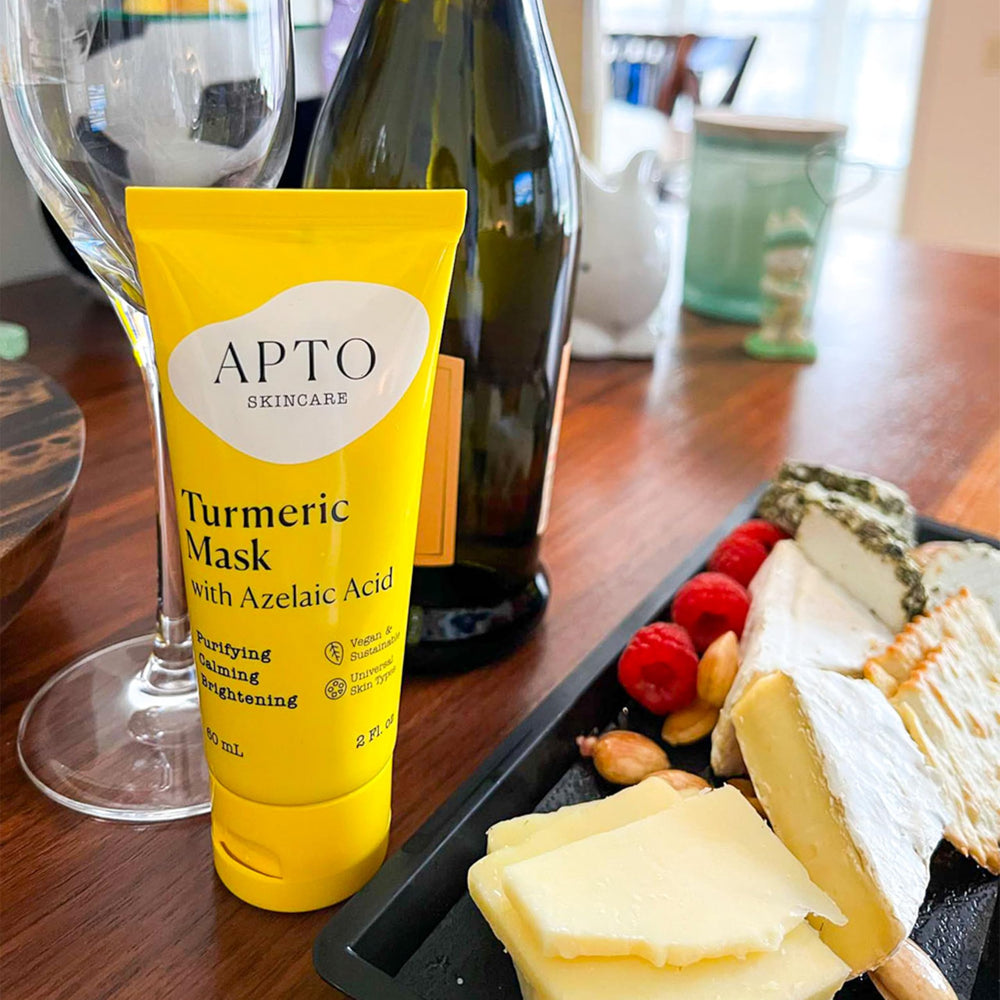 APTO Turmeric Mask on bathroom shelf evokes spa-like self-care.
