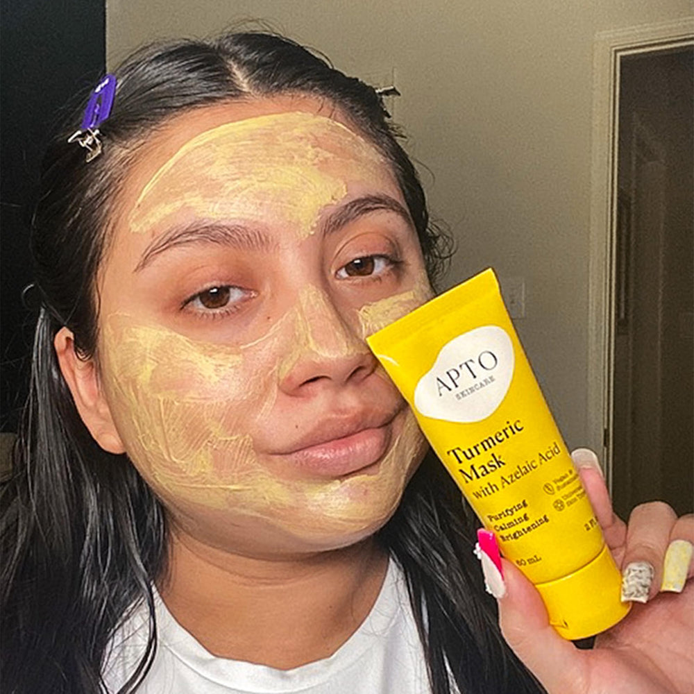 APTO Turmeric Mask ingredients layout highlights turmeric and neem.