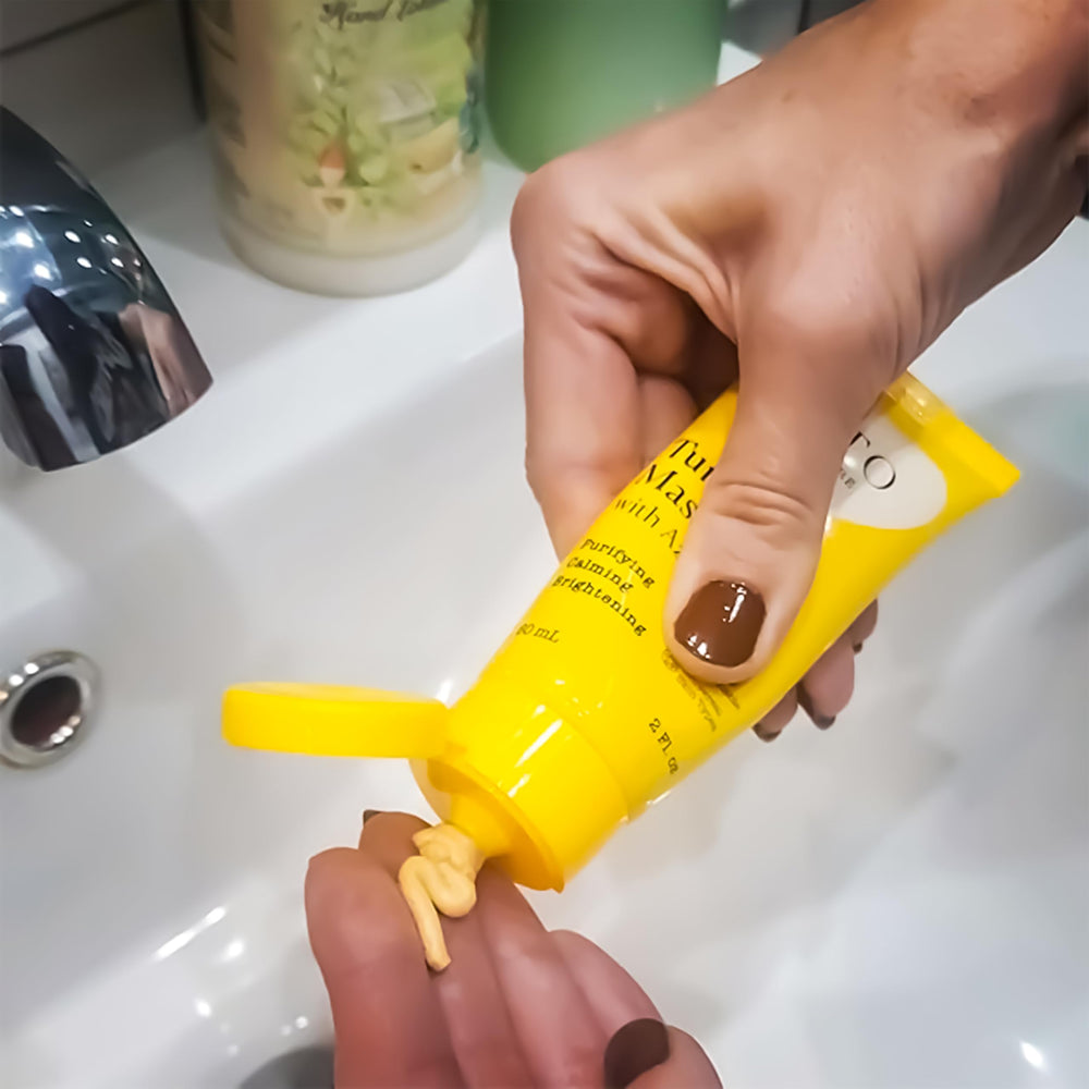 APTO Turmeric Mask rinse scene shows gentle removal, refreshed skin.