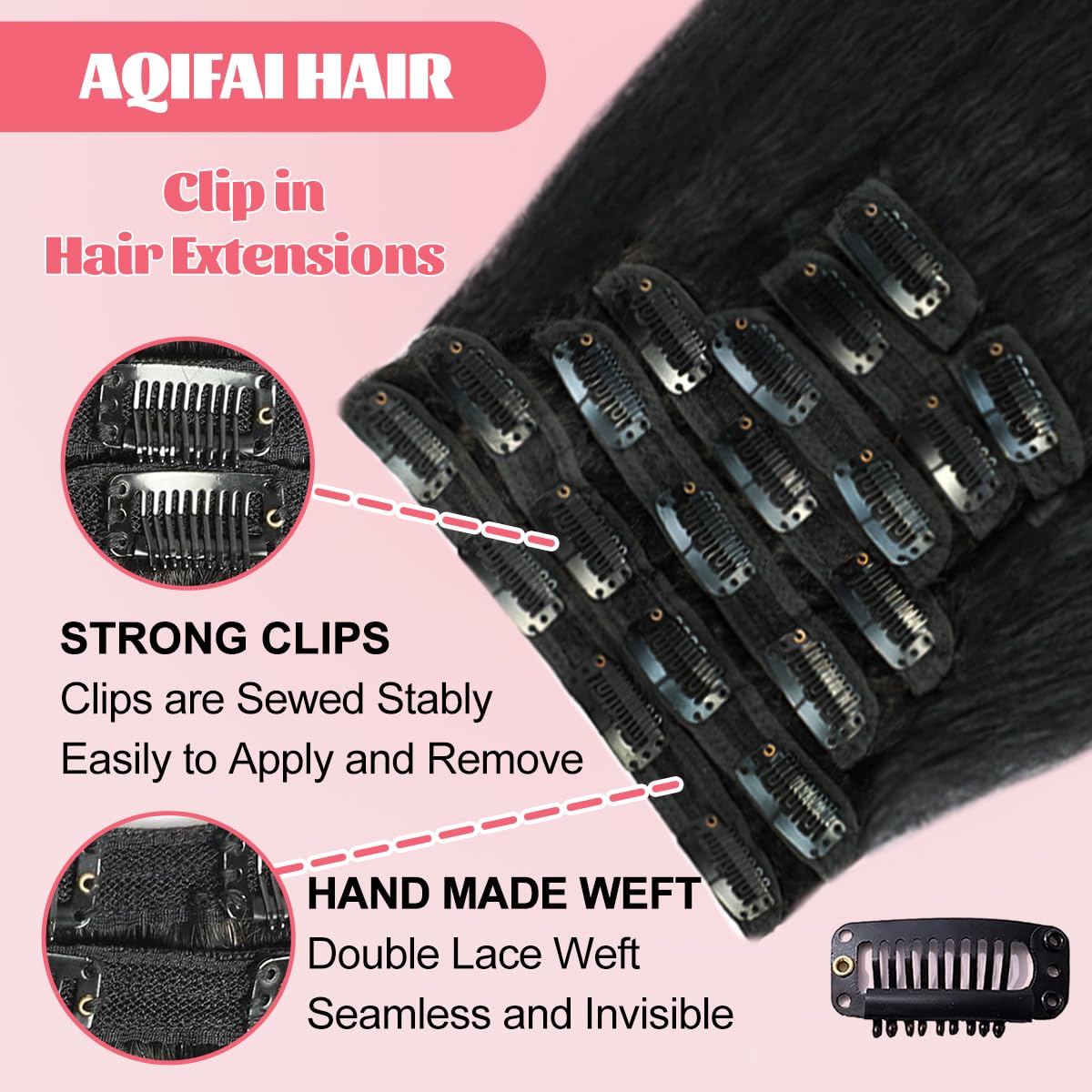 Aqifai Brazilian Remy hair clip-ins with 20 clips for secure, easy wear.