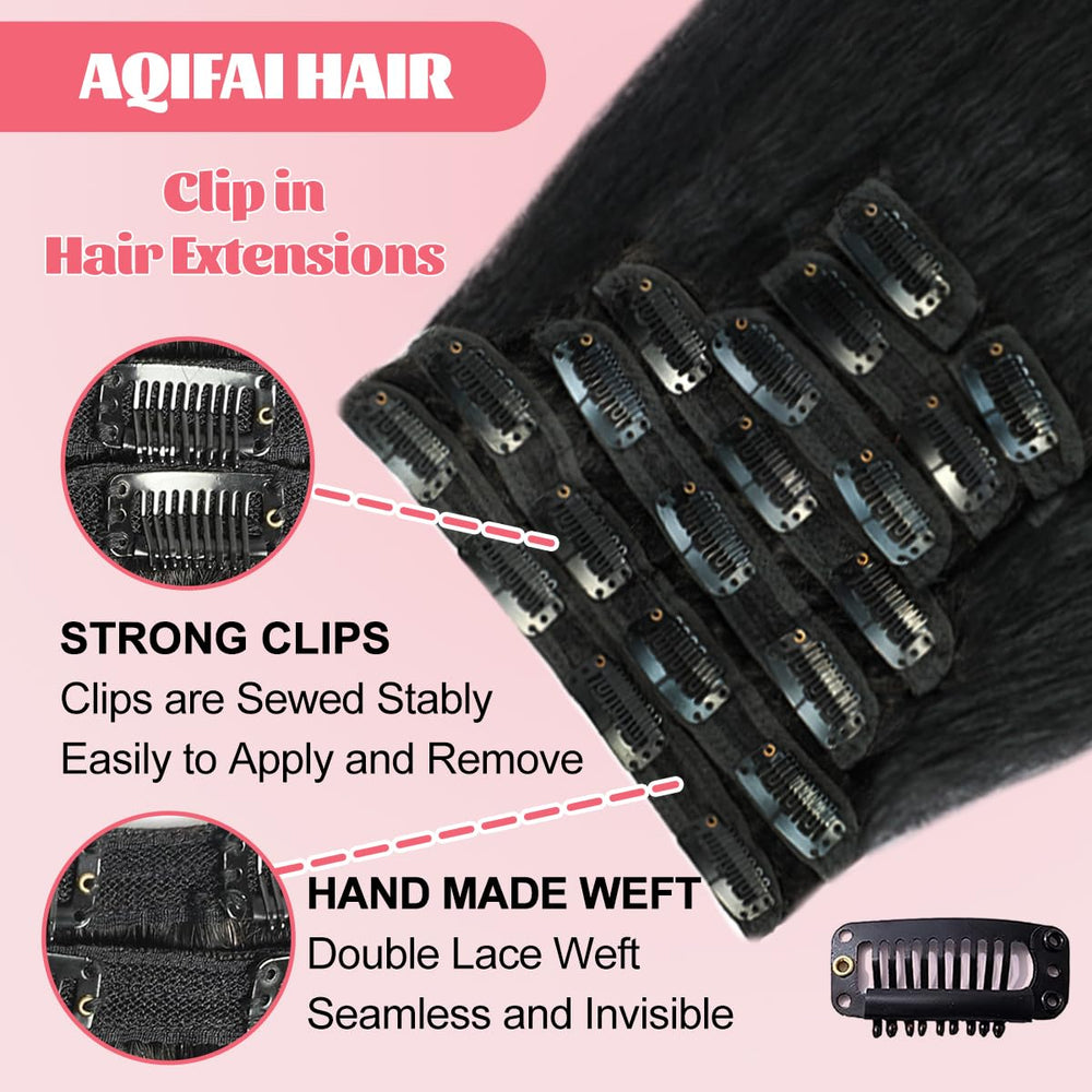 Aqifai Brazilian Remy hair clip-ins with 20 clips for secure, easy wear.