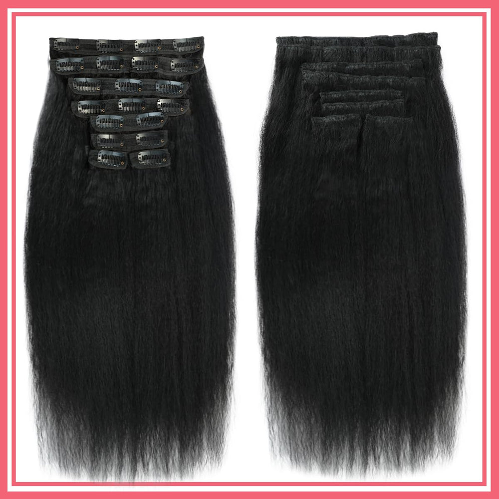 Natural black Aqifai clip-ins blending with model's hair for a seamless look.