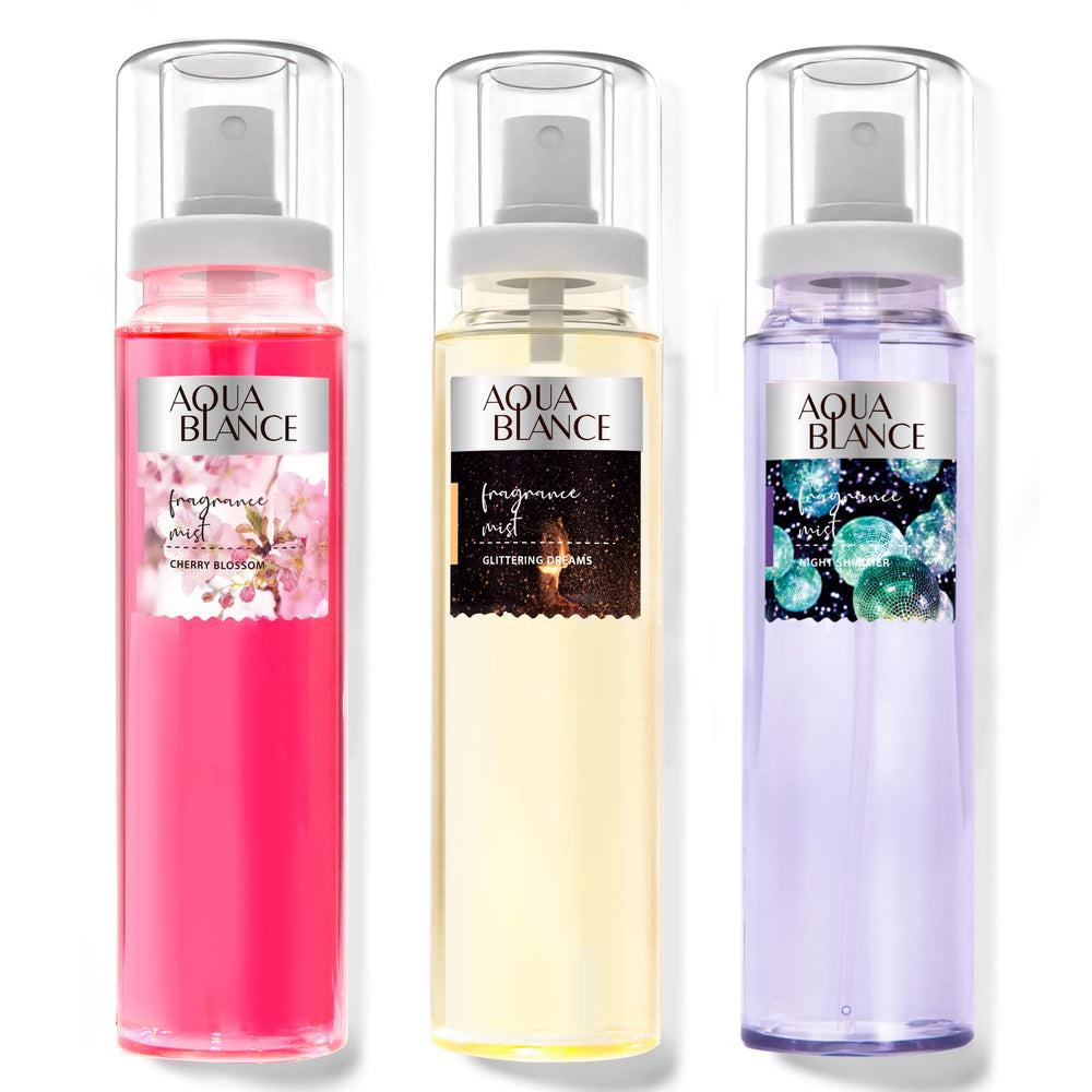 Aqua Blance body spray bottle close-up with cherry blossom fragrance for everyday freshness.