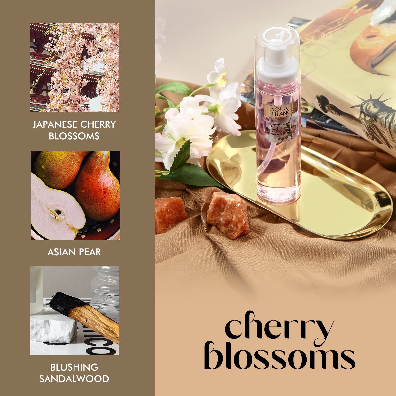 Aqua Blance cherry blossom label close-up highlighting delicate scent notes.
