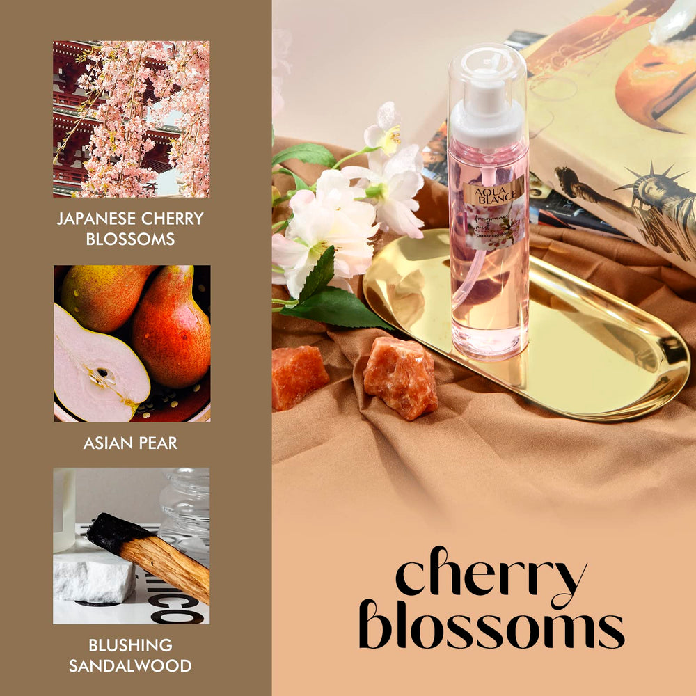 Aqua Blance cherry blossom label close-up highlighting delicate scent notes.