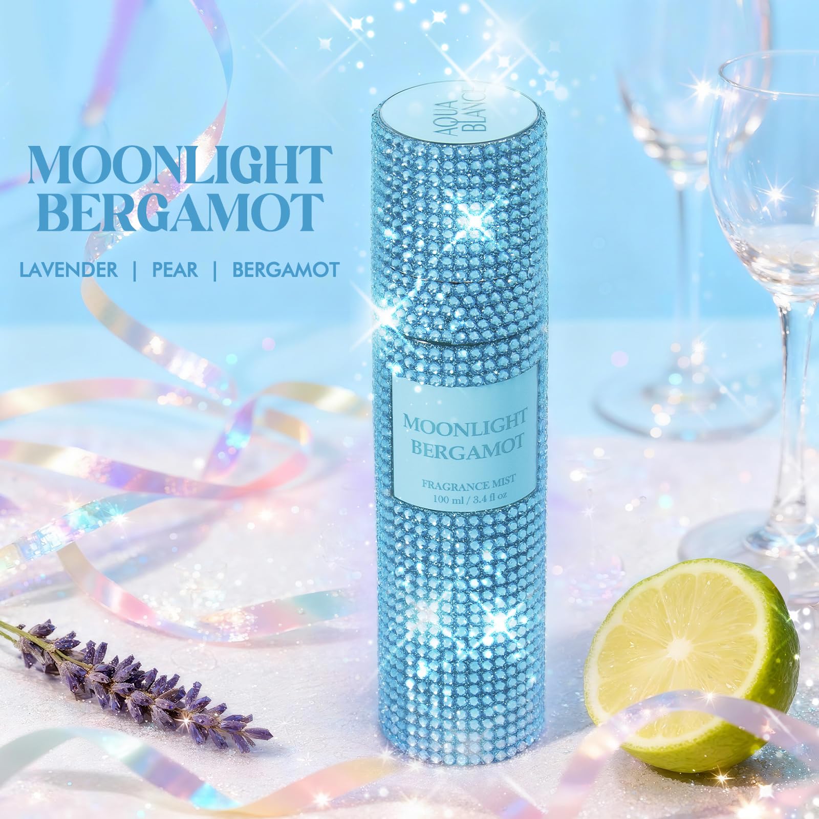 Aqua Blance Moonlight Bergamot fragrance mist bottle shows a diamond-embellished cap catching light.