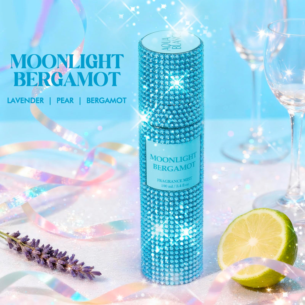 Aqua Blance Moonlight Bergamot fragrance mist bottle shows a diamond-embellished cap catching light.