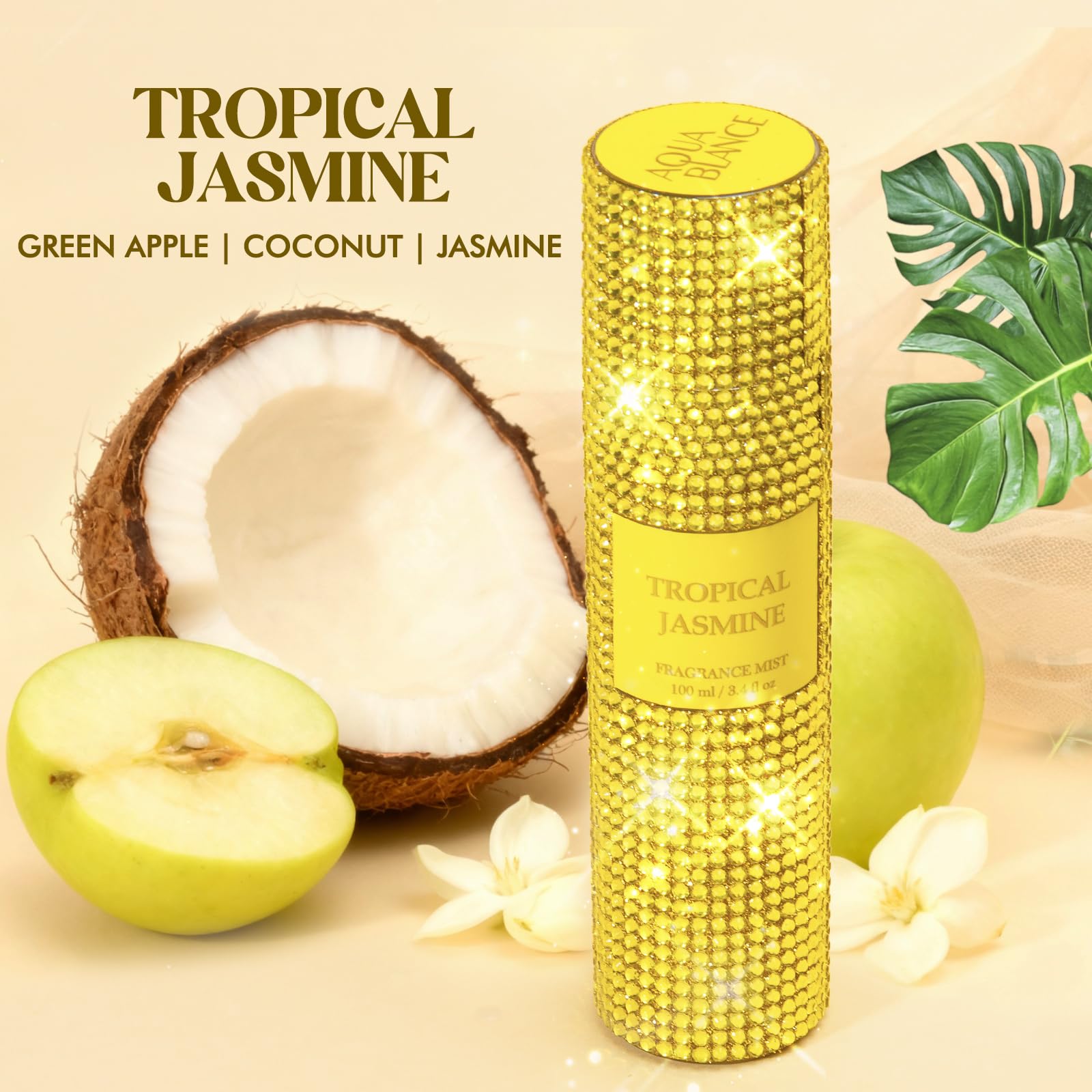 AQUA BLANCE fragrance mist spray captures coconut and jasmine notes on skin.