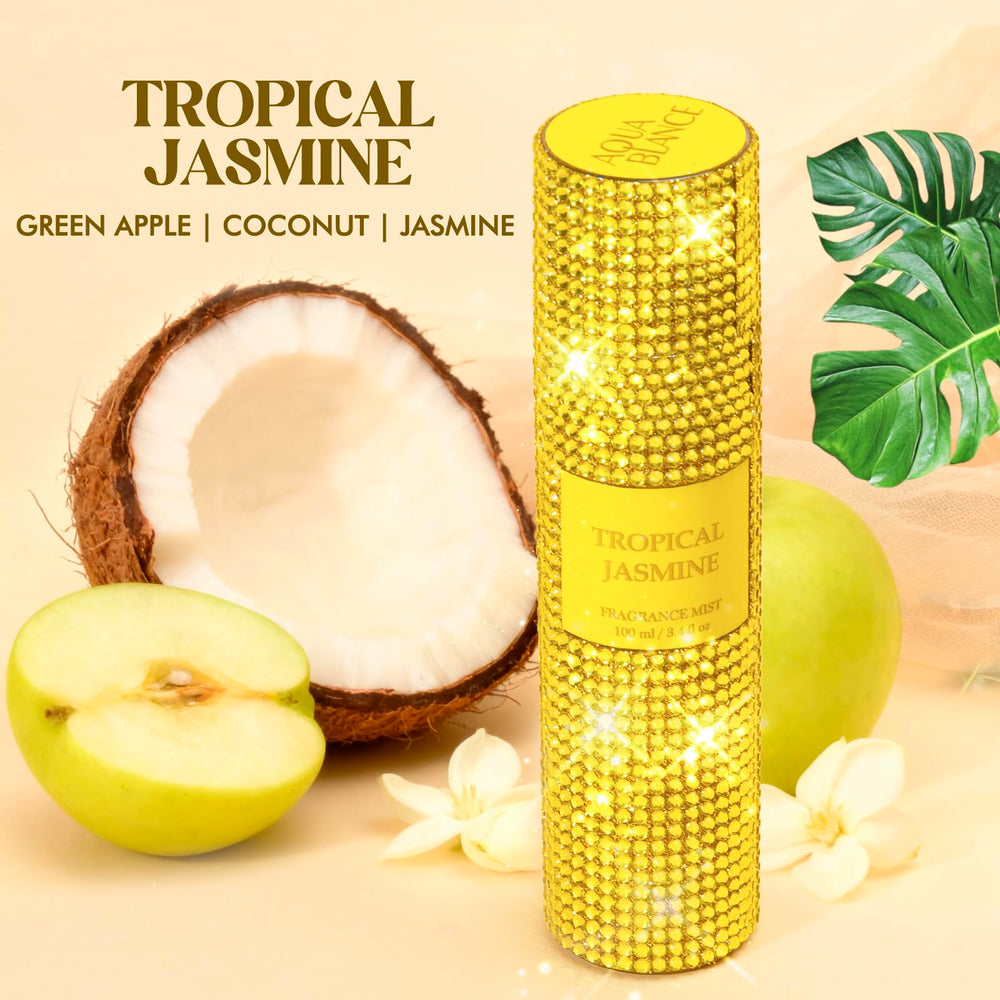 AQUA BLANCE fragrance mist spray captures coconut and jasmine notes on skin.