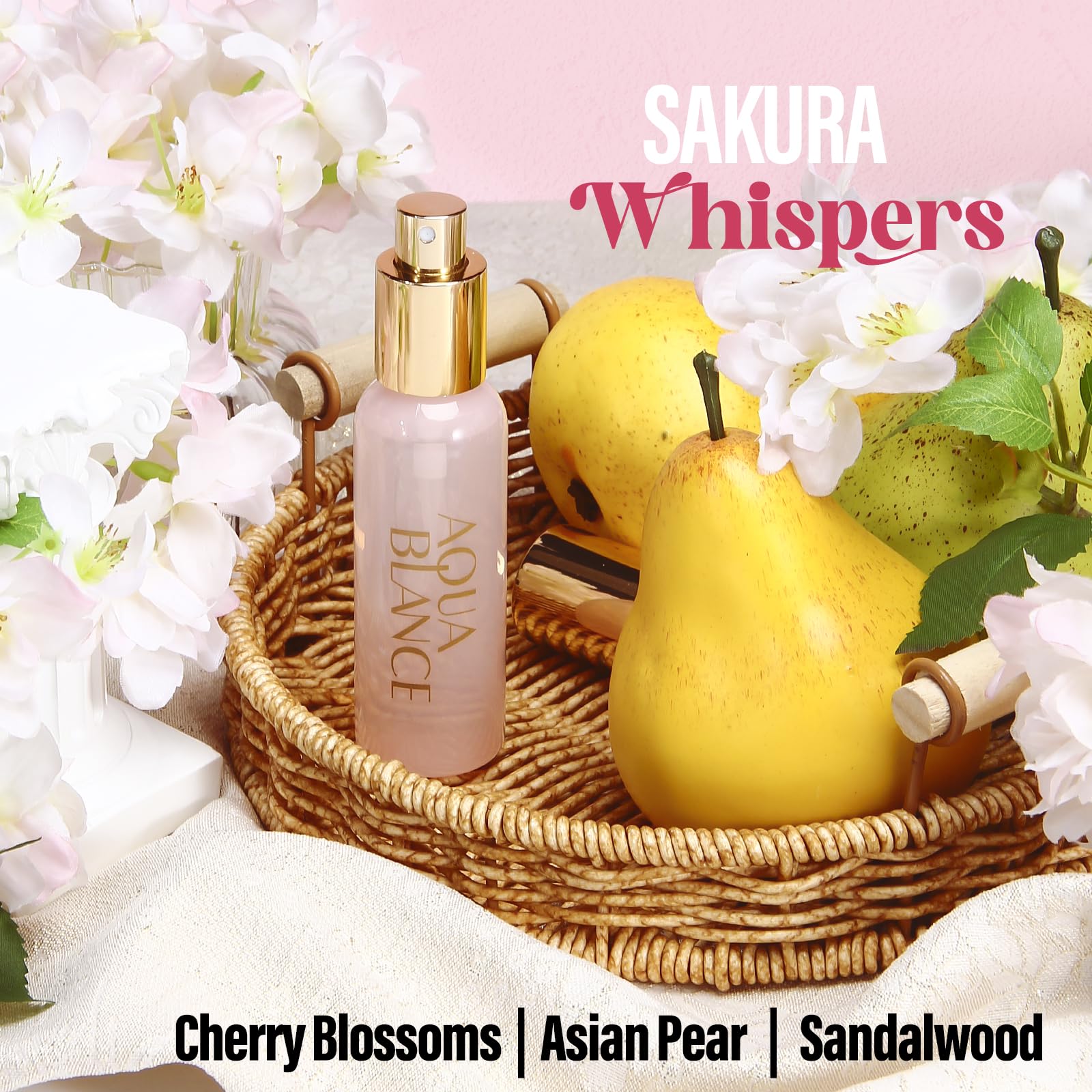 AQUA BLANCE Sakura Whispers bottle captures spring elegance and pear notes