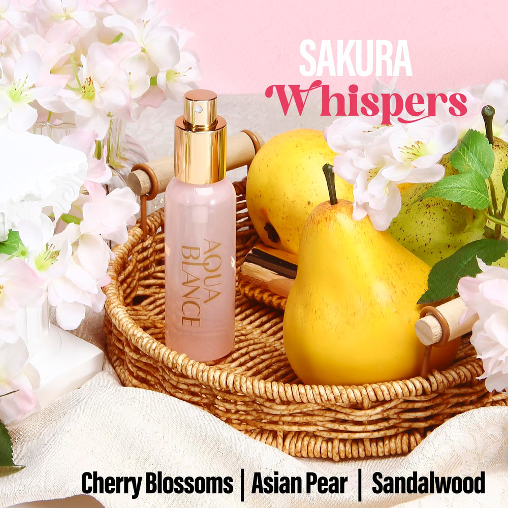AQUA BLANCE Sakura Whispers bottle captures spring elegance and pear notes