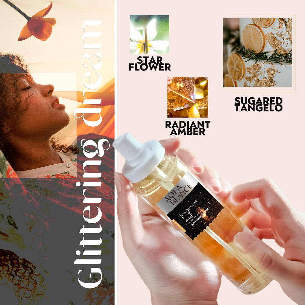 Aqua Blance spray mist application on skin in travel-friendly packaging.
