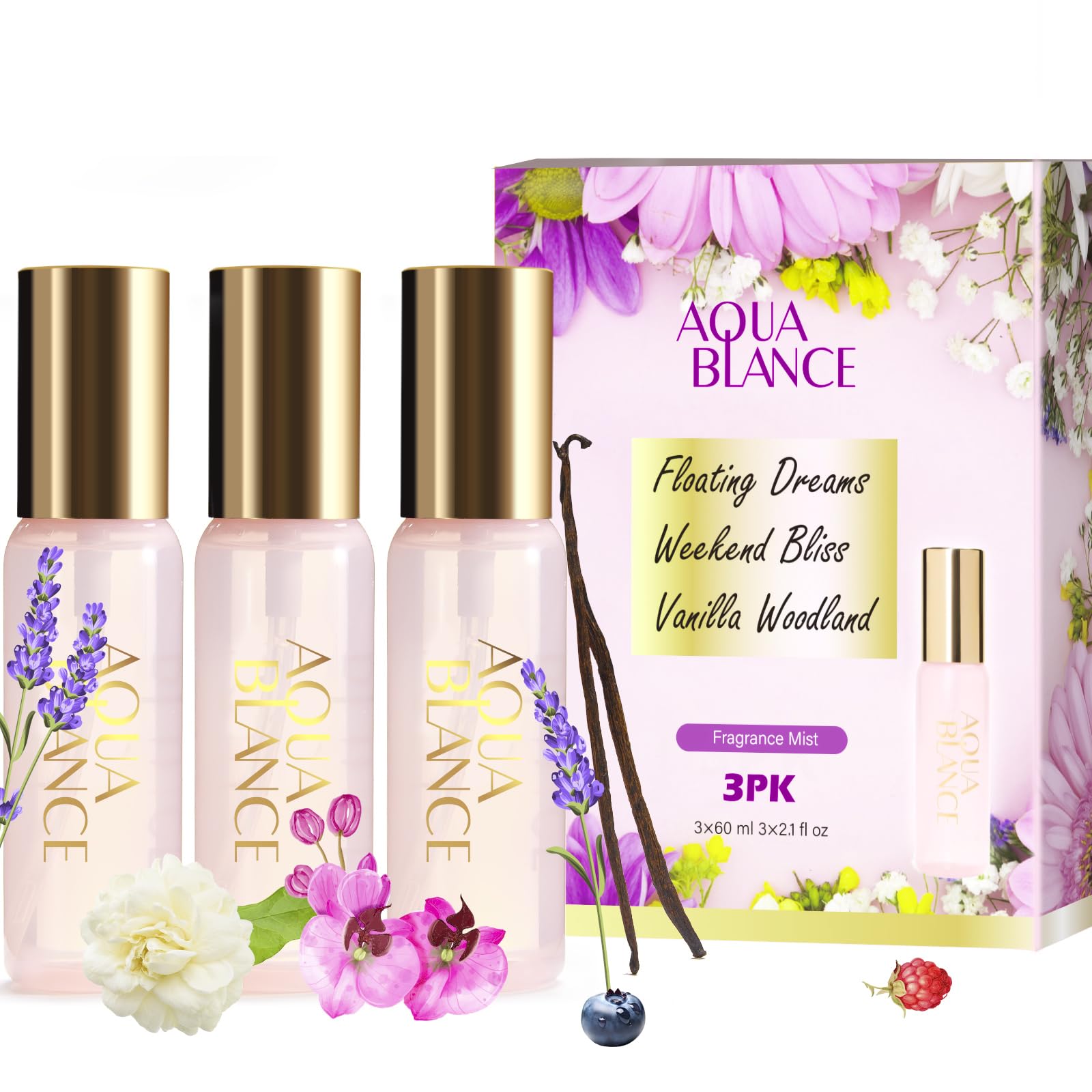 AQUA BLANCE Vanilla Woodland bottle pour showing warm notes for daily spritz.