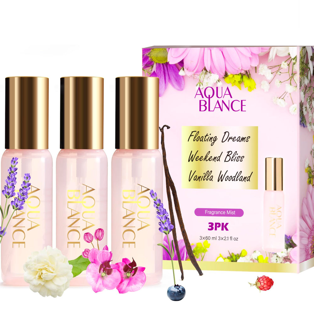 AQUA BLANCE Vanilla Woodland bottle pour showing warm notes for daily spritz.