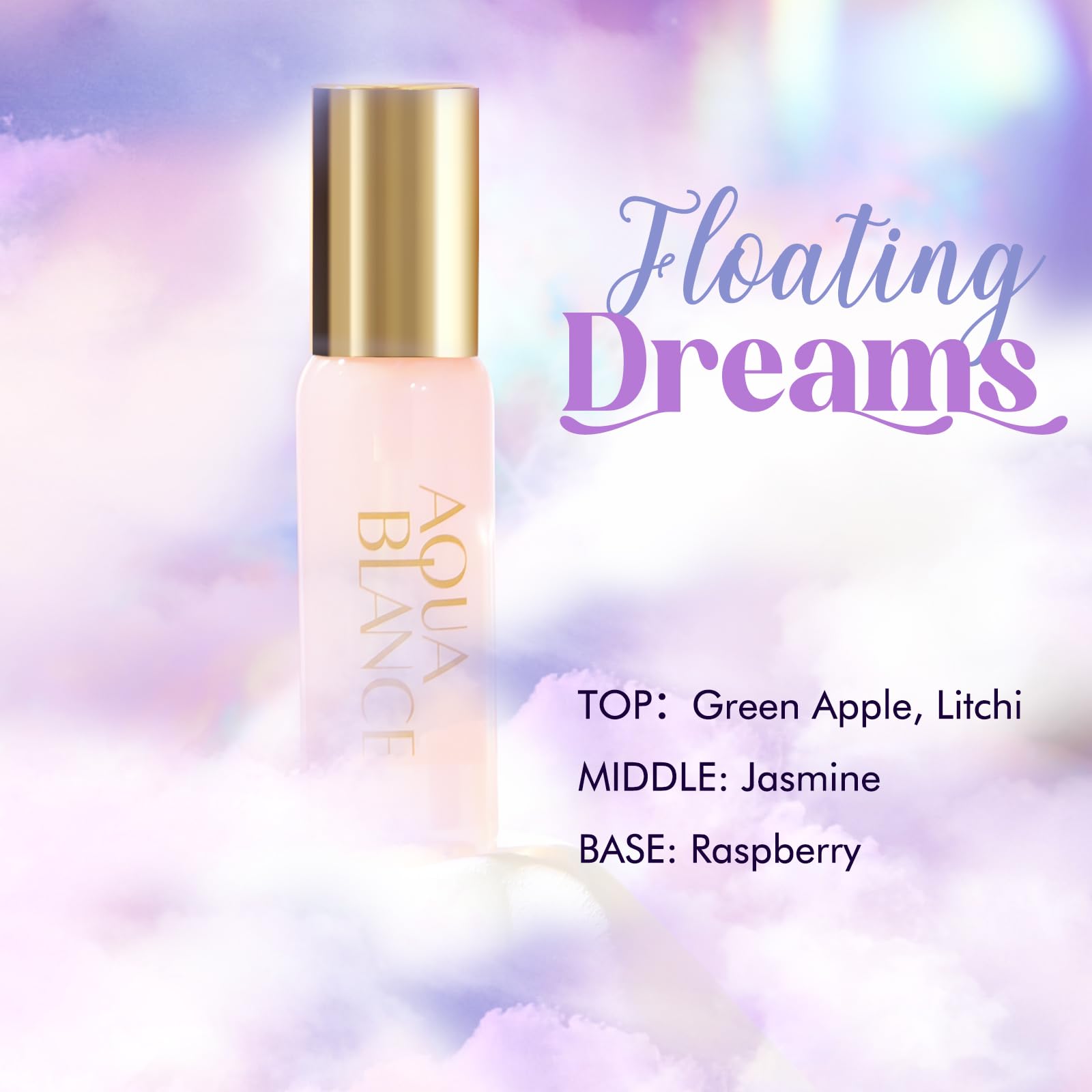 AQUA BLANCE Weekend Bliss bottle closeup highlighting lavender and orchid for calm moments.