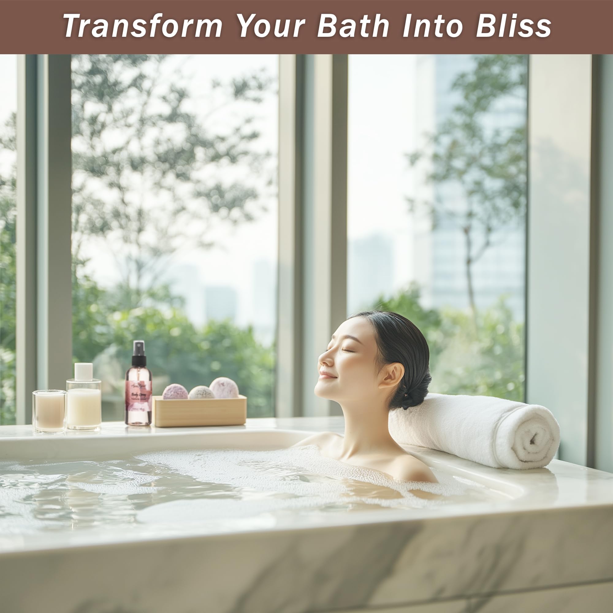 Aqua Elegante bath towel and puff complete a pampering at-home experience.