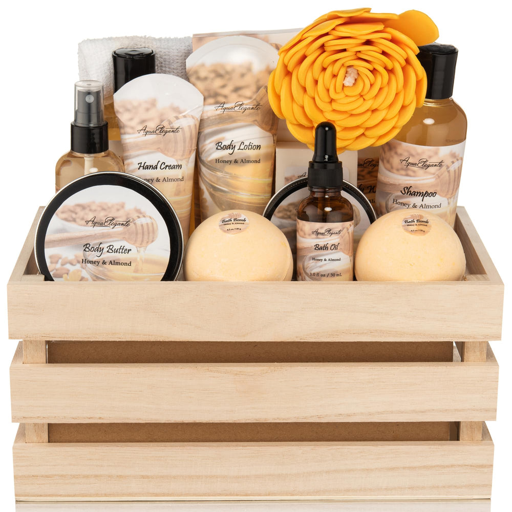 Aqua Elegante Honey Almond gift basket front view, ideal for gifting and home spa moments