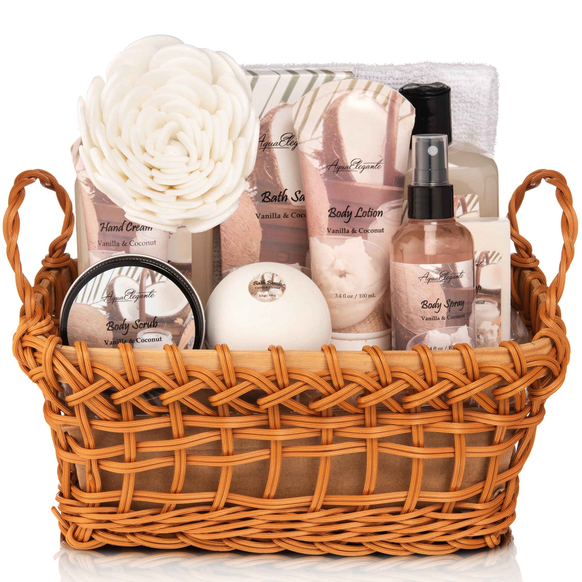 Aqua Elegante spa basket coconut-vanilla packaging, premium gift presentation