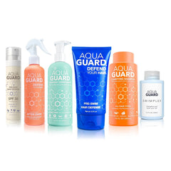Aqua Guard pre-swim hair defense cream forms a moisture barrier against chlorine