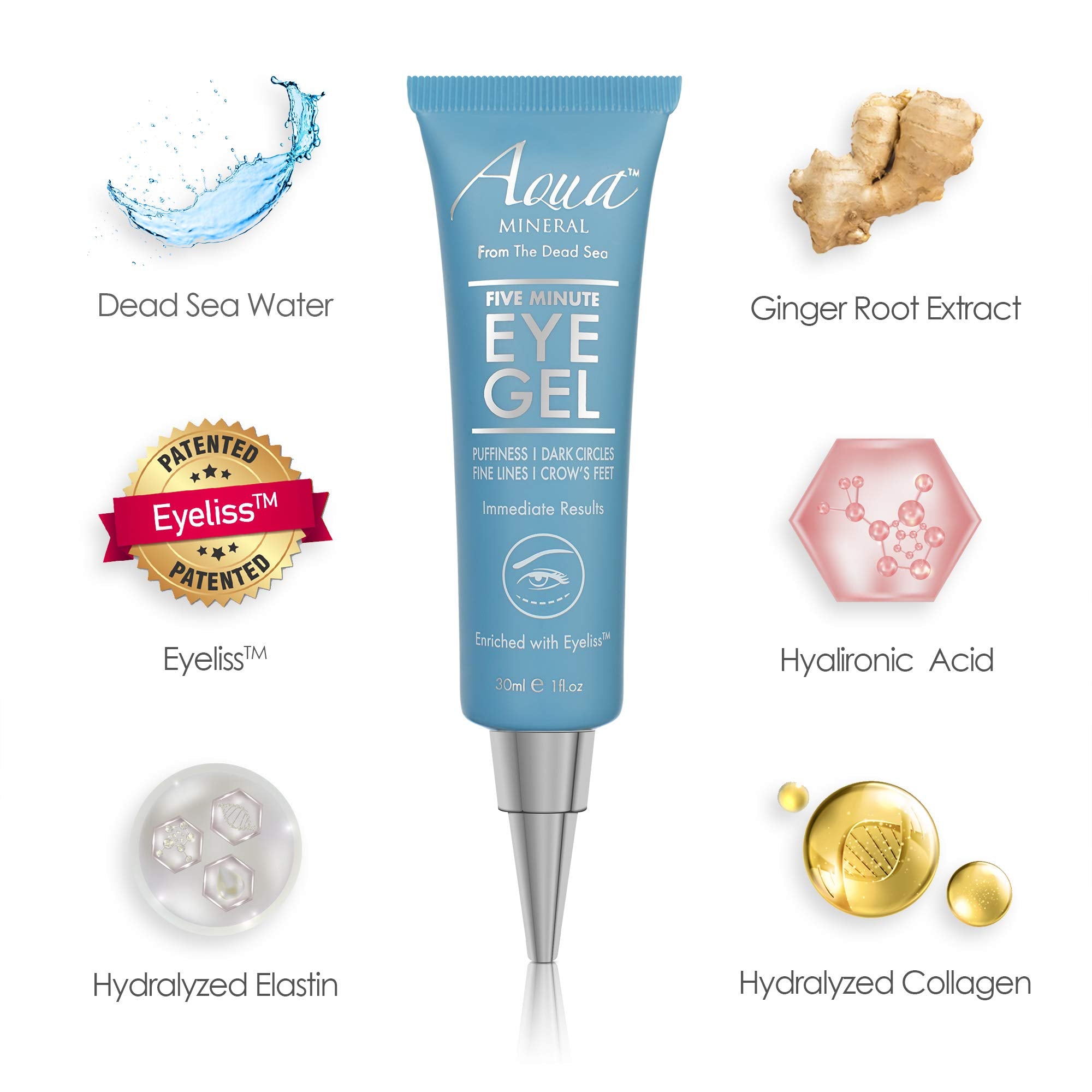 Mineral-rich Aqua Mineral Dead Sea Salt Water hydrating the eye area.