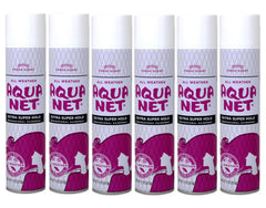 Aqua Net bottle foreground highlighting professional hold for all day style