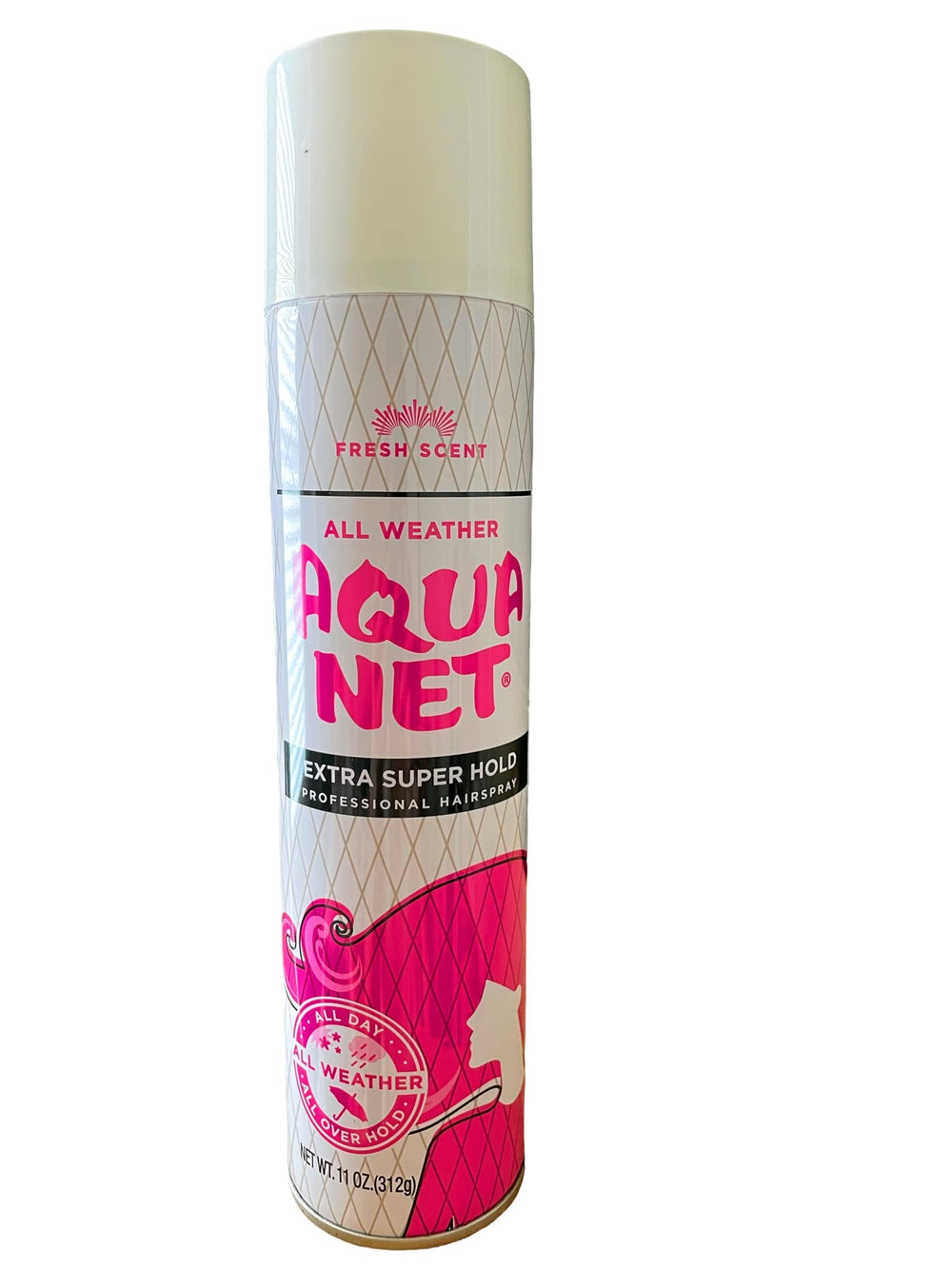 An Aqua Net Extra Super Hold 11 oz bottle demonstrating all-day hold for structured styles.