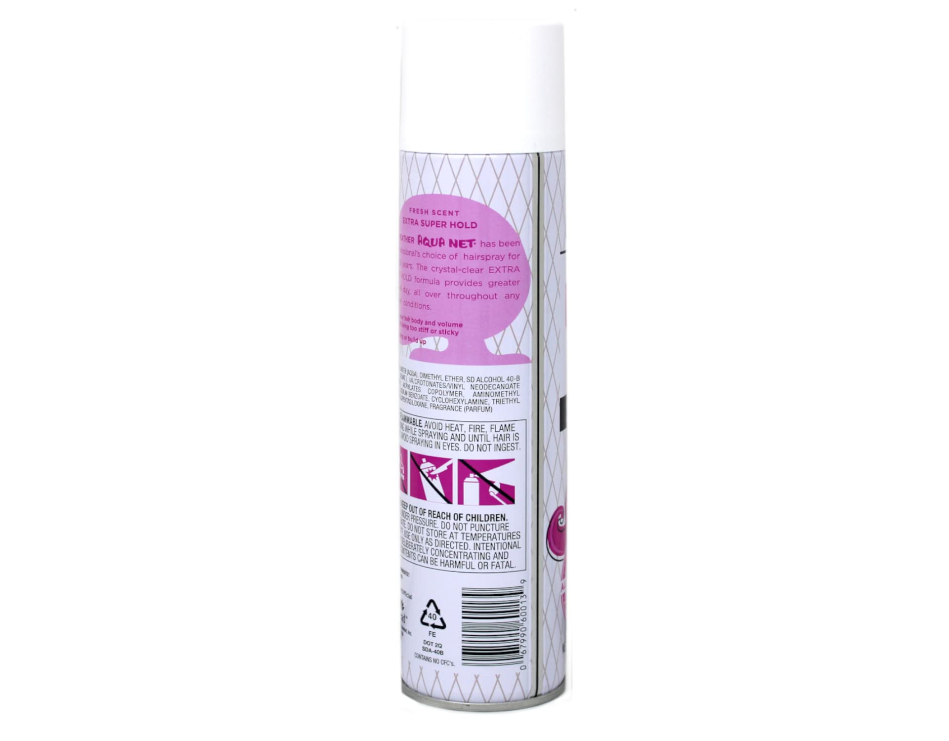 Aqua Net professional spray with clear nozzle shows flexible hold and natural movement.