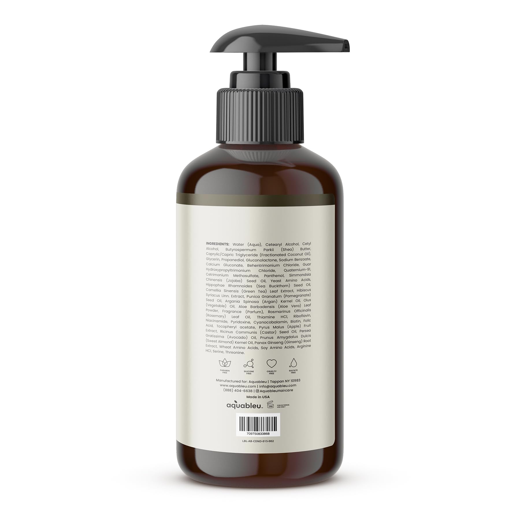 Aquableu Advanced Therapy Conditioner ingredients closeup, highlighting rosemary and biotin for vitality.