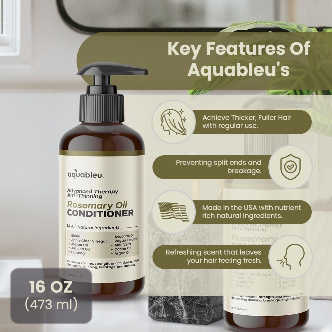 Aquableu Advanced Therapy Conditioner label closeup, showcasing vegan keratin and apple cider vinegar.