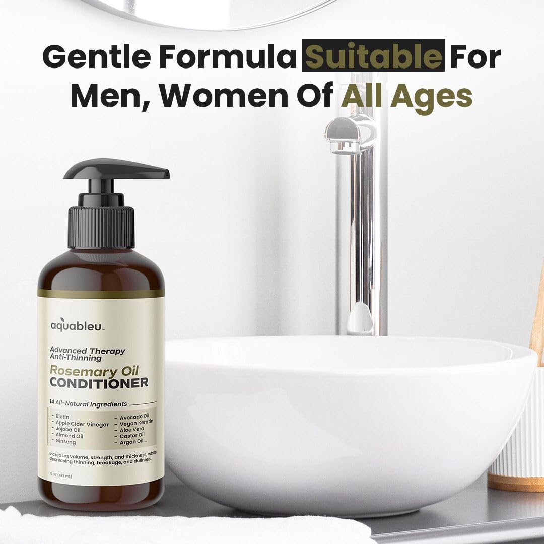 Aquableu Advanced Therapy Conditioner rosemary oil visuals, implying scalp nourishment.