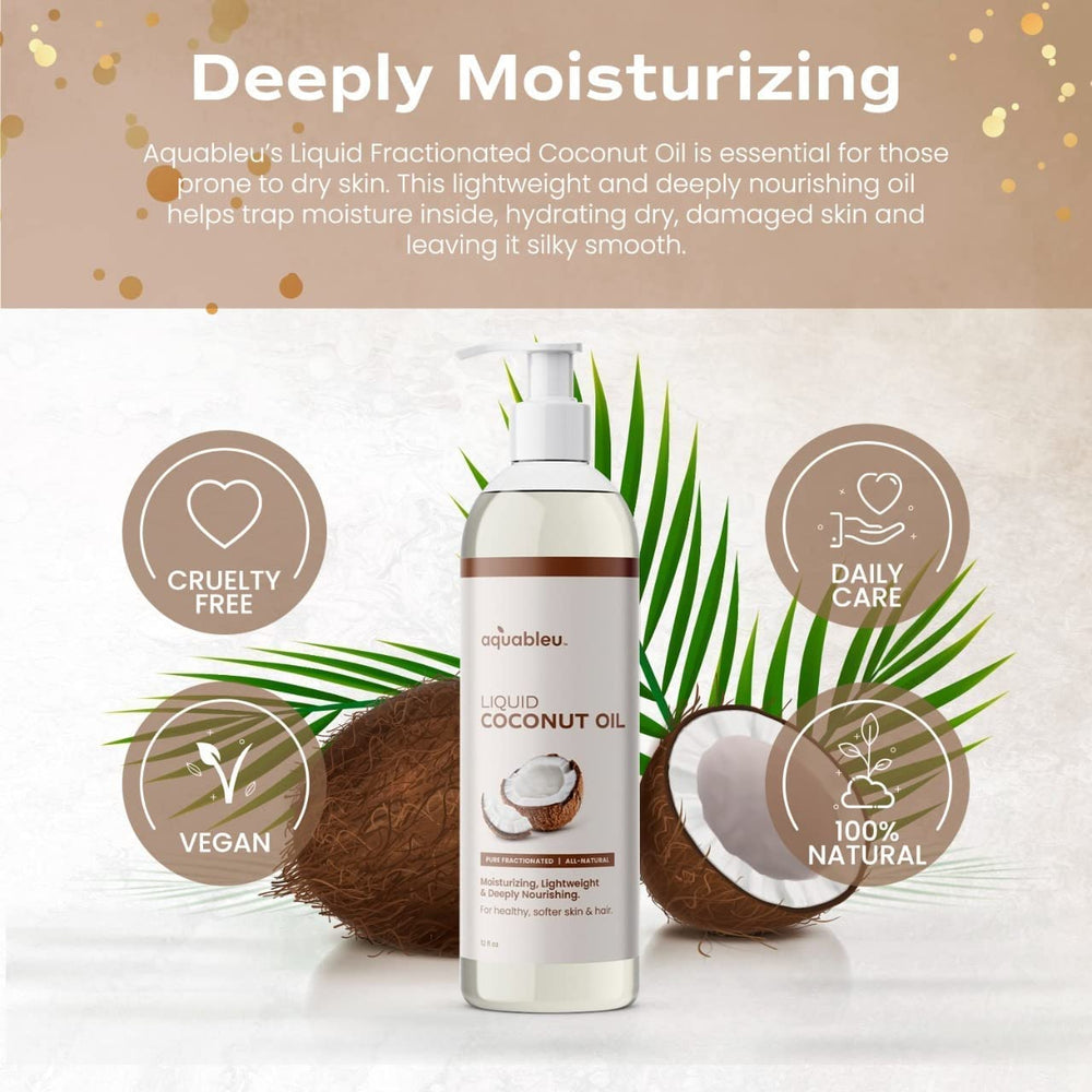 Aquableu coconut oil bottle 12oz emphasizes pure, versatile skincare and hair care