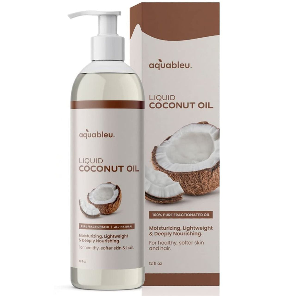 Aquableu coconut oil bottle label shows pure, all-natural formula for skincare