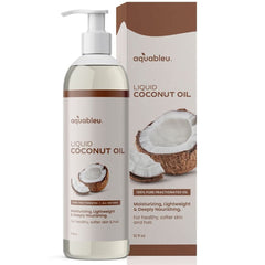 Aquableu coconut oil bottle label shows pure, all-natural formula for skincare