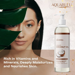 Aquableu coconut oil hand application highlights quick-absorbing moisture for dry skin