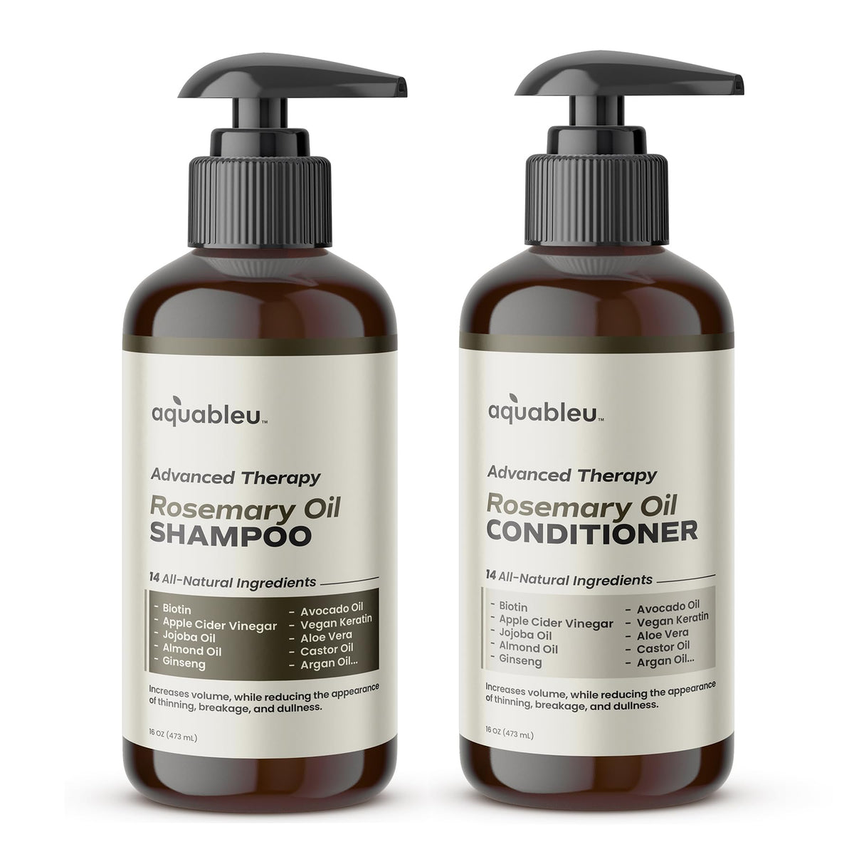 Aquableu Rosemary Shampoo bottle showcases 16oz formula for voluminous, healthier-looking hair.
