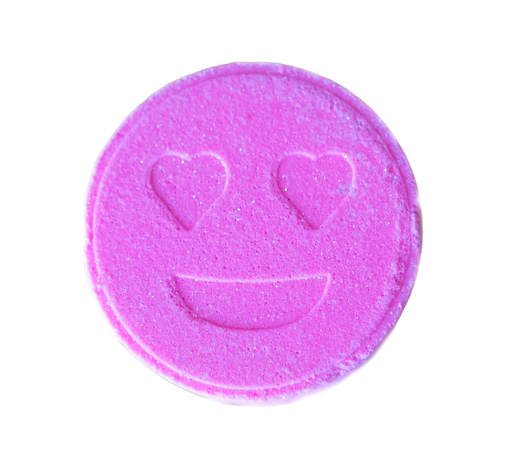 Aquaemoticonsllc Love It Bath Bomb showcases a pink heart-eyes design for a playful bath ritual.