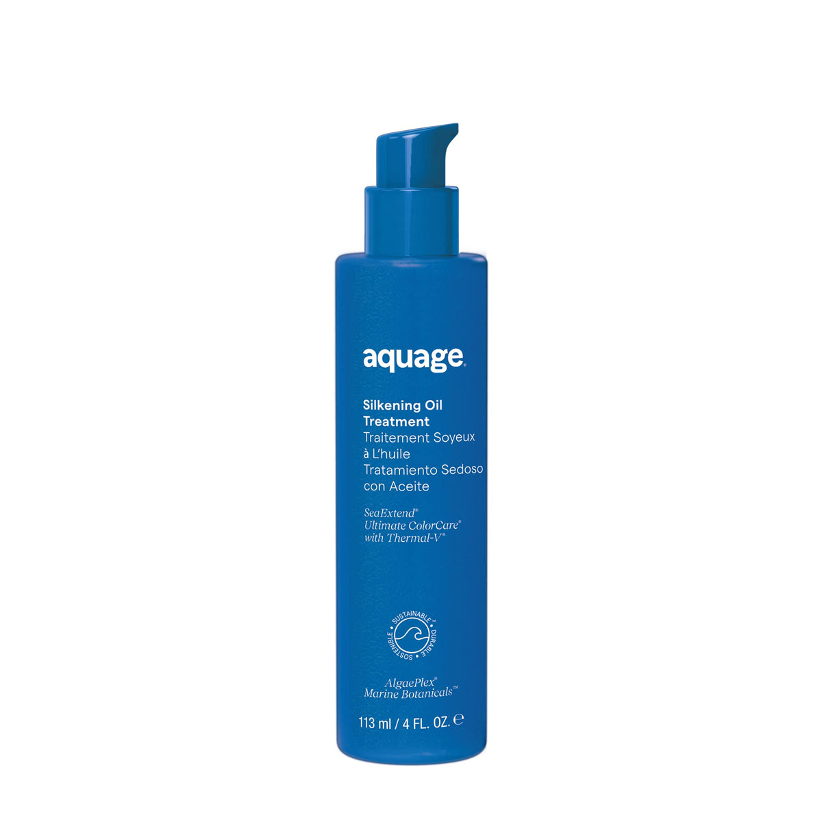 Aquage SeaExtend Silkening Oil bottle shows colorless, weightless formula for silky hair