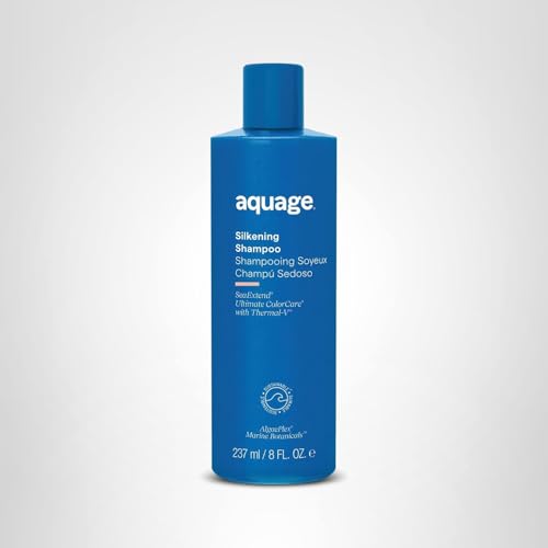 Towel-dried hair with Aquage SeaExtend Silkening Shampoo on display.