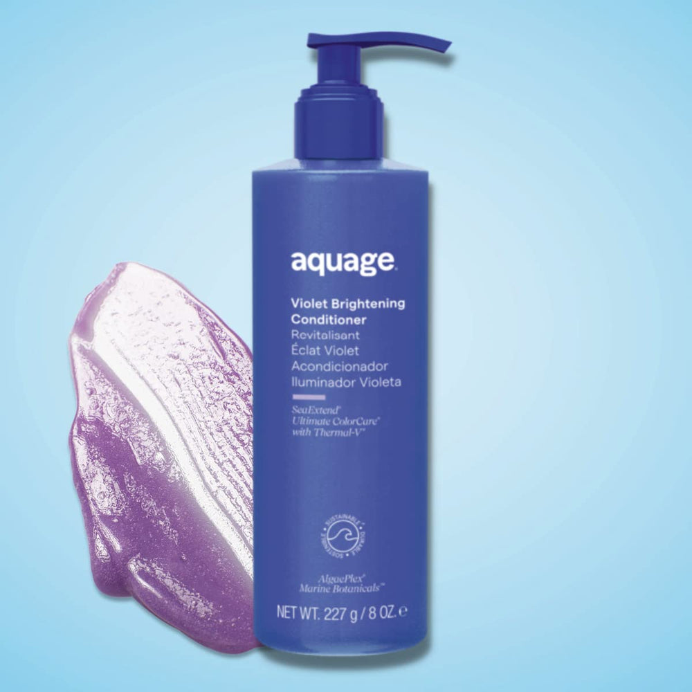 Aquage Violet Brightening Conditioner pour demonstrates quick 1-3 minute shine boost.