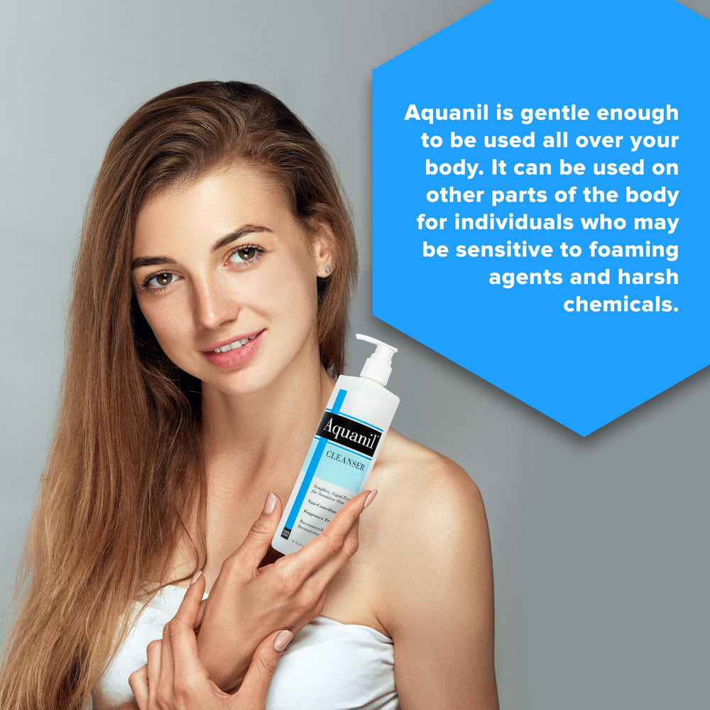 Aquanil delicate-skin usage scene depicts safe daily cleansing routine.