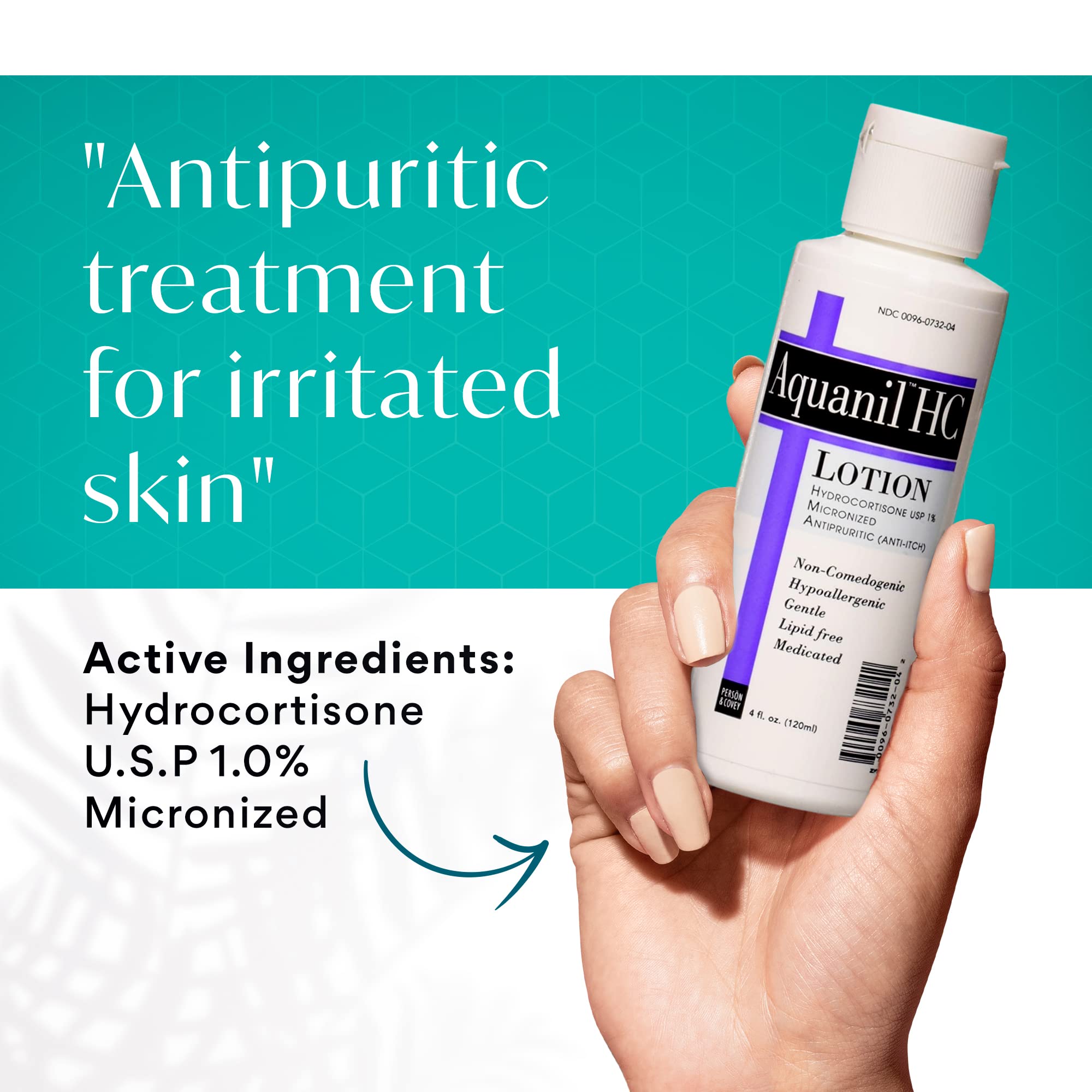 Aquanil HC Lotion application on forearm demonstrates calming, non-greasy relief for itchy skin.