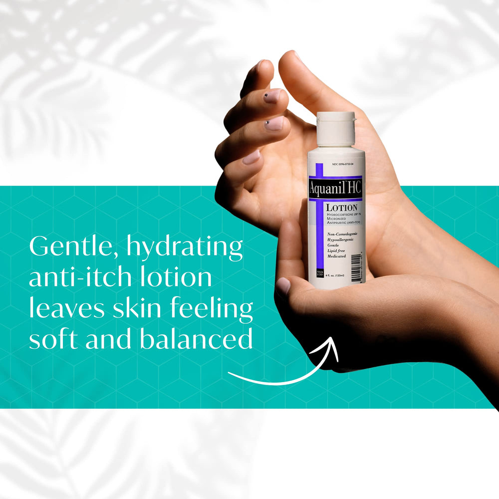 Aquanil HC Lotion dispensing shows convenient 4 oz packaging for on-the-go care.