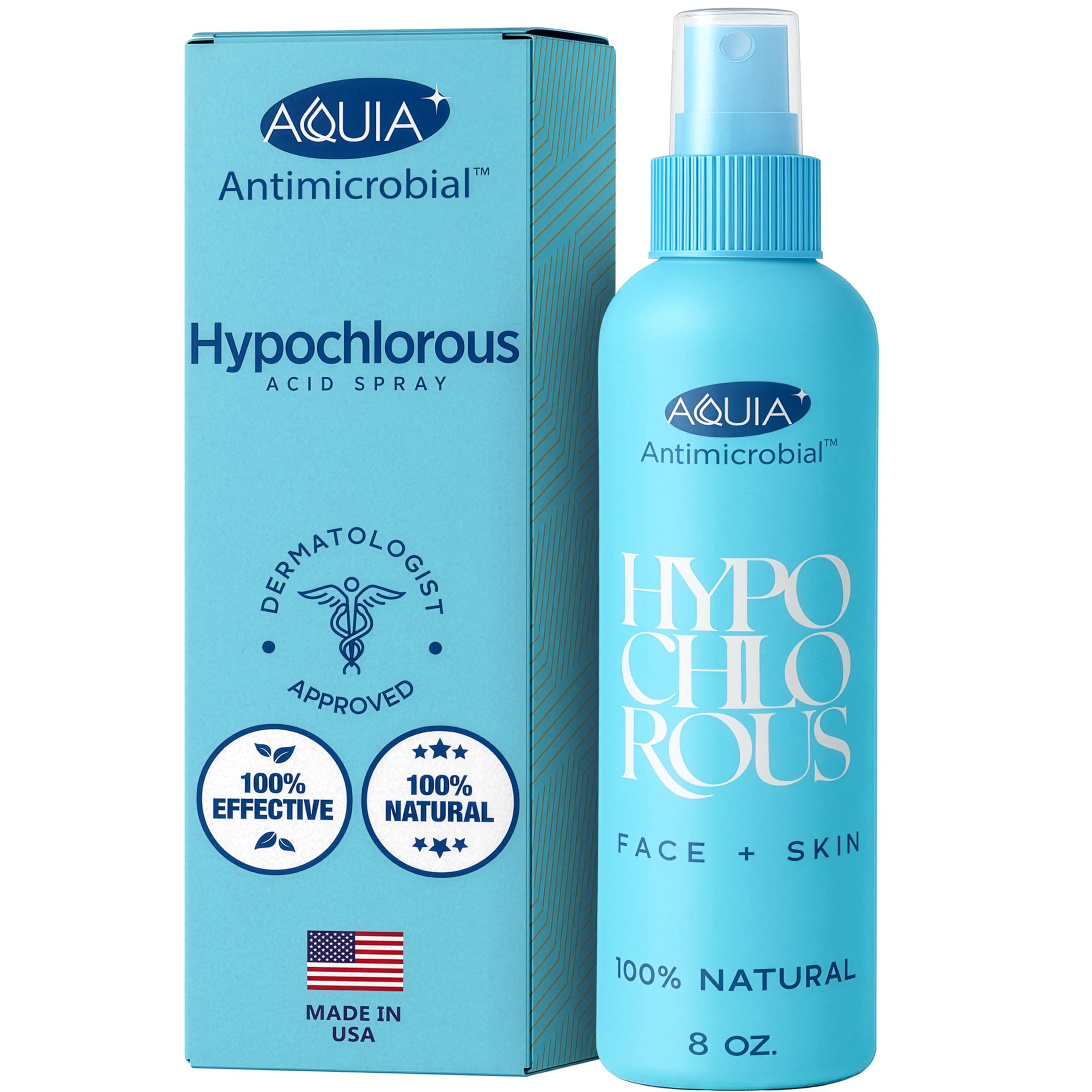 Aquia hypochlorous spray bottle for facial cleansing and acne support.
