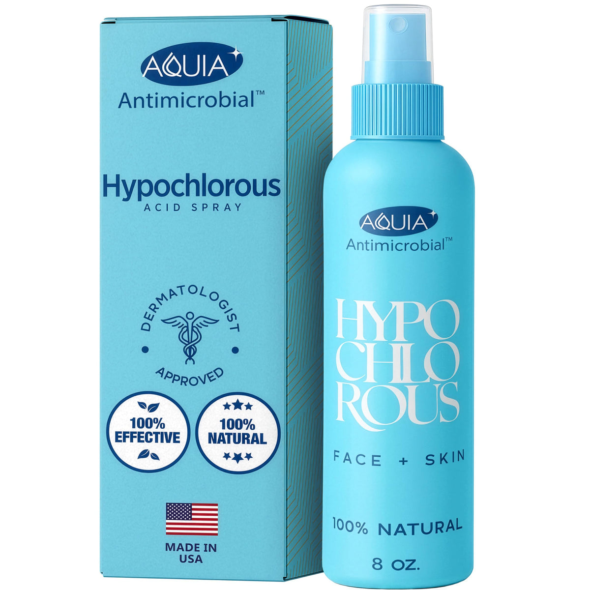 Aquia hypochlorous spray bottle for facial cleansing and acne support.