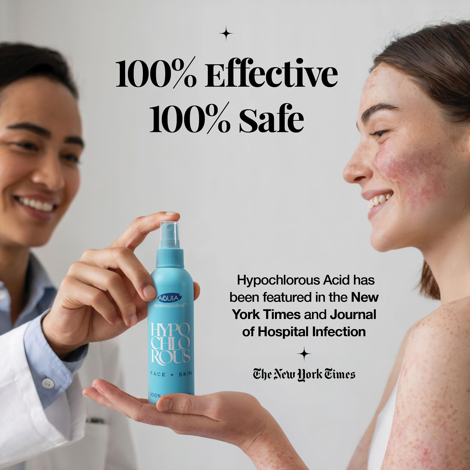 Aquia Hypochlorous Spray in hand with a travel-size bottle for on-the-go skin care.