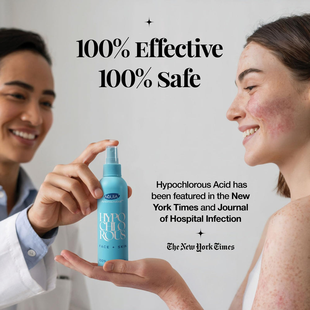 Aquia Hypochlorous Spray in hand with a travel-size bottle for on-the-go skin care.