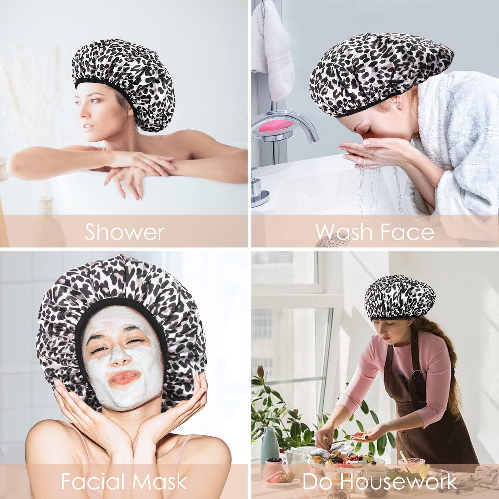 Aquior leopard shower cap keeps hair dry after spa treatments.