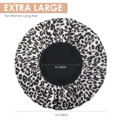 Aquior leopard shower cap interior microfiber absorbs moisture for quick drying.