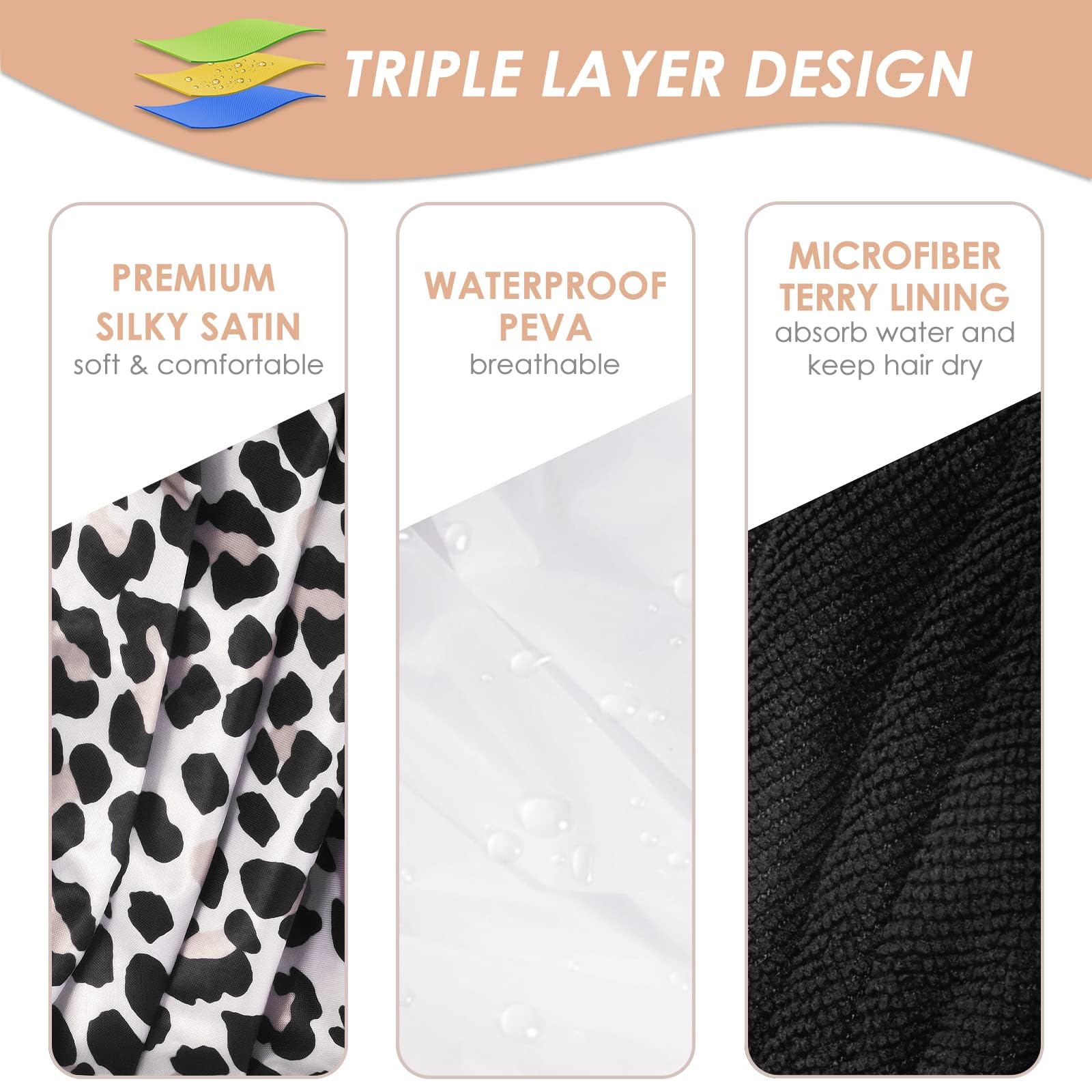 Aquior leopard shower cap packaging shows its reusable and travel-friendly design.