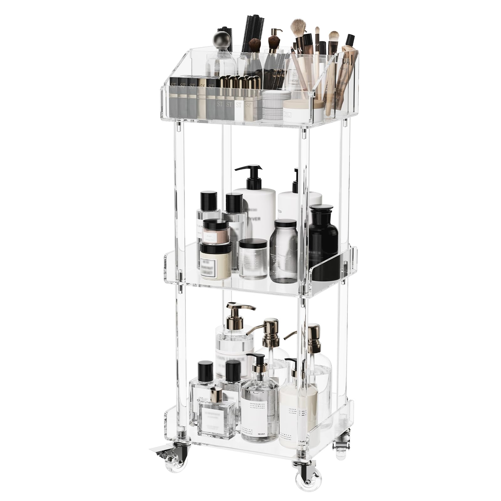 Aquiver acrylic makeup organizer cart overview with clear design for cosmetics storage